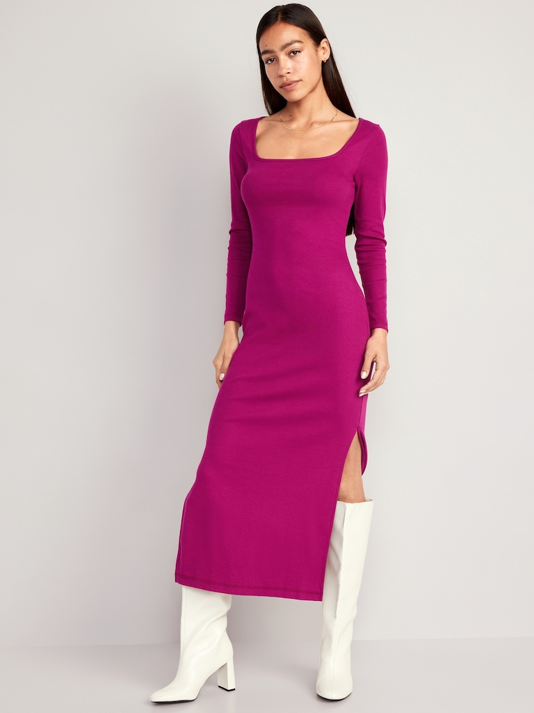 Fitted Rib-Knit Square-Neck Midi Dress