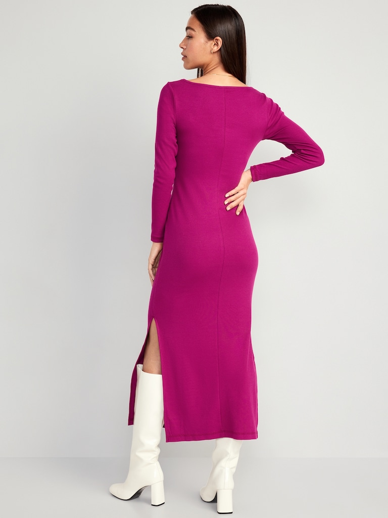 Fitted Rib-Knit Square-Neck Midi Dress