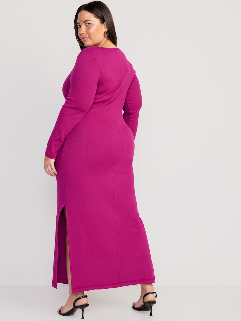 Fitted Rib-Knit Square-Neck Midi Dress