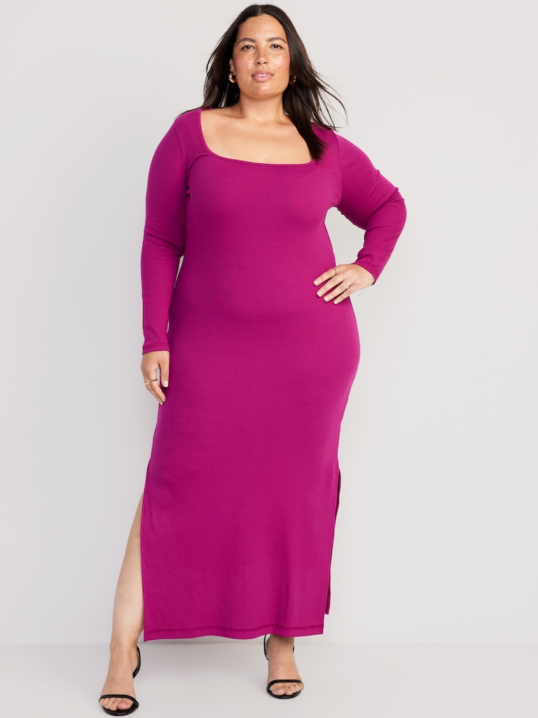 Fitted Rib-Knit Square-Neck Midi Dress