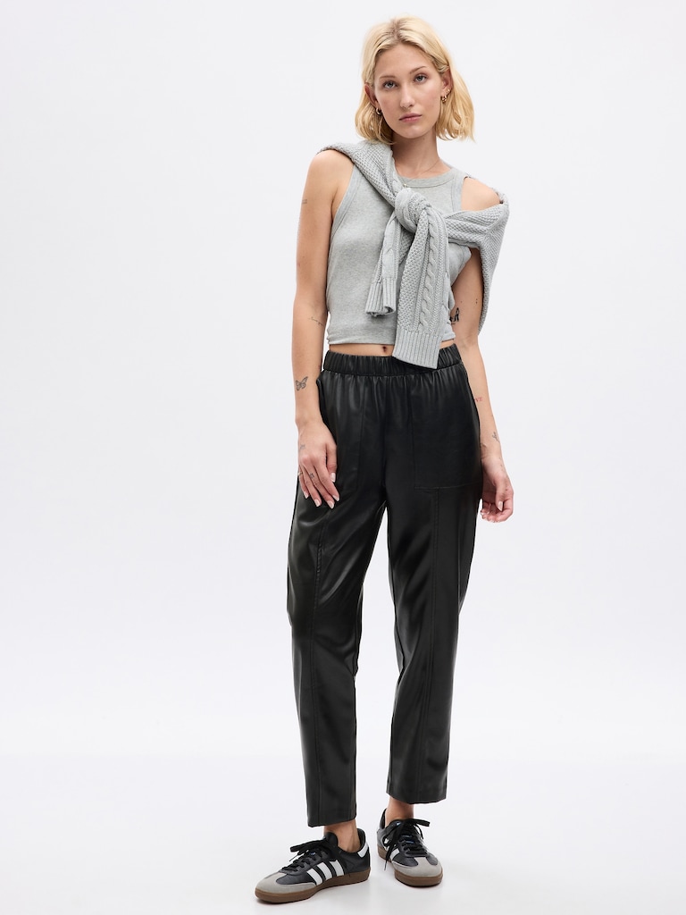 High Rise Vegan Leather Straight Pull-On Pants