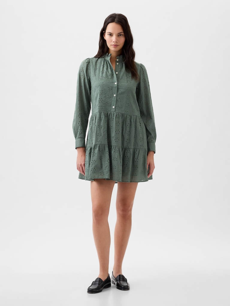 Eyelet Tiered Mini Shirtdress