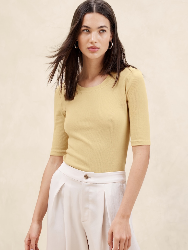 Ribbed Elbow-Sleeve T-Shirt