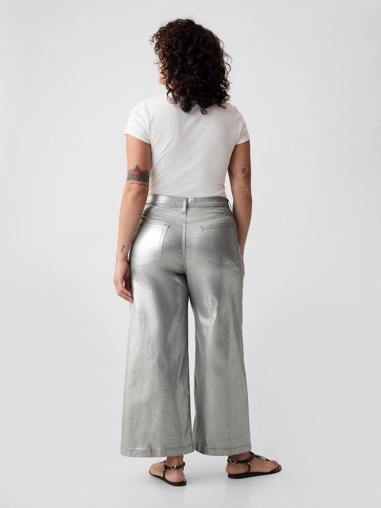 High Rise Stride Metallic Wide-Leg Ankle Jeans