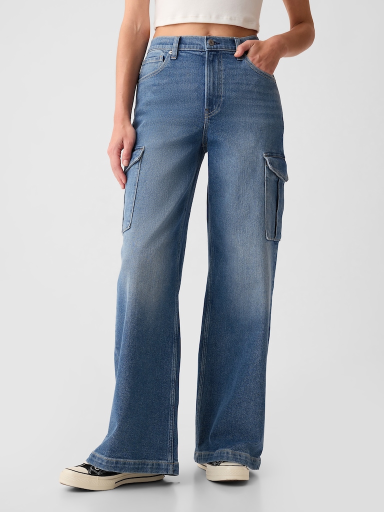 High Rise Stride Wide-Leg Cargo Jeans