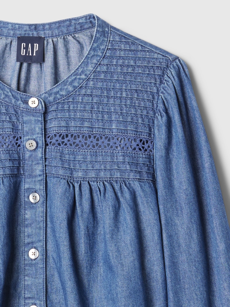Puff-Sleeve Lace-Trim Denim Shirt