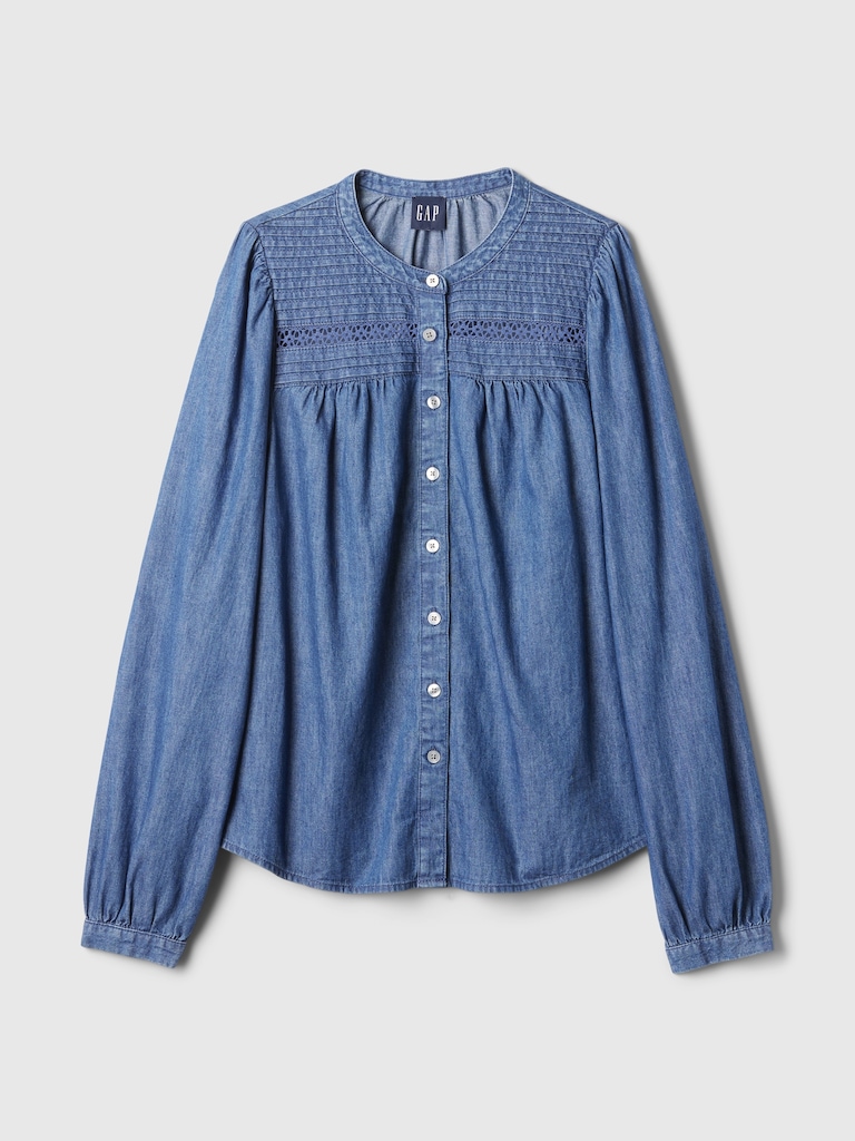 Puff-Sleeve Lace-Trim Denim Shirt