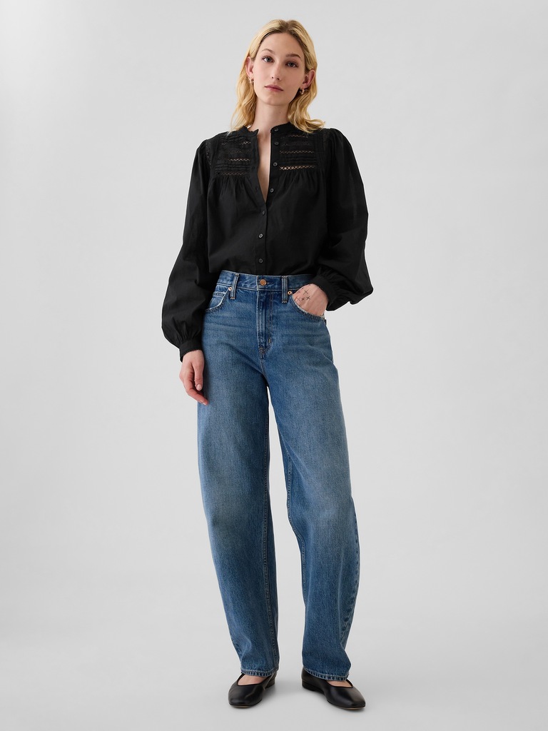 Puff-Sleeve Lace-Trim Shirt