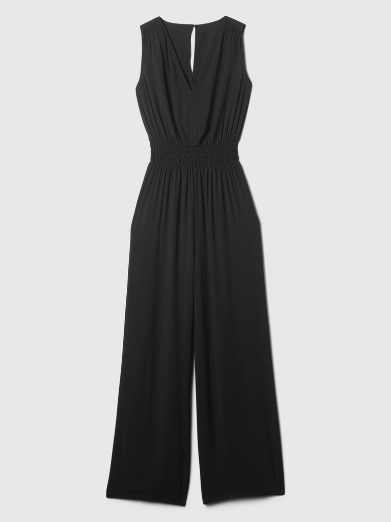 Smocked Wide-Leg V-Neck Jumpsuit