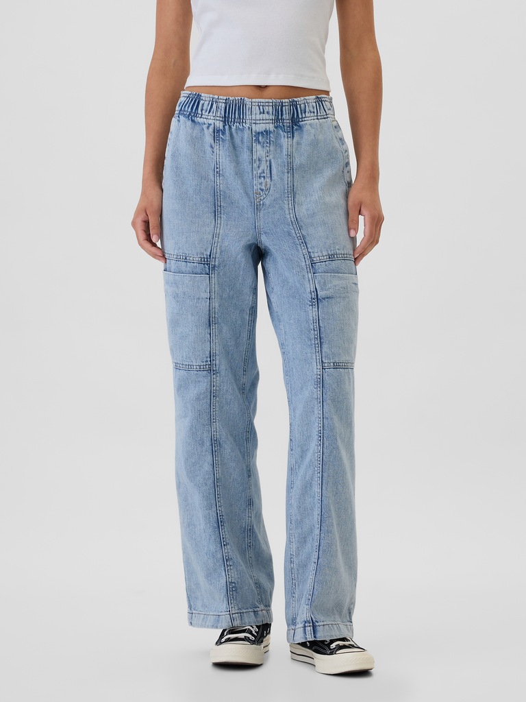 High Rise Wide-Leg Cargo Pull-On Jeans