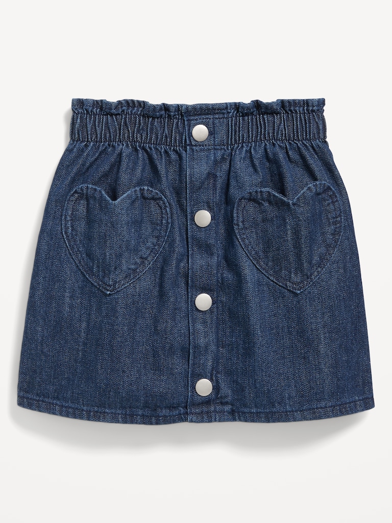 Button-Front Heart-Pocket Jean Skirt for Toddler Girls