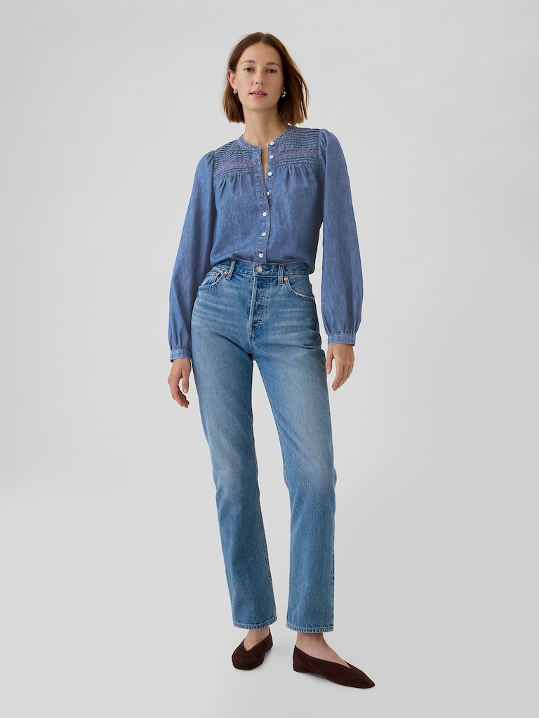 Puff-Sleeve Lace-Trim Denim Shirt