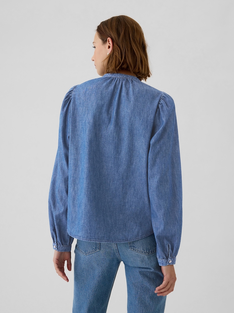 Puff-Sleeve Lace-Trim Denim Shirt