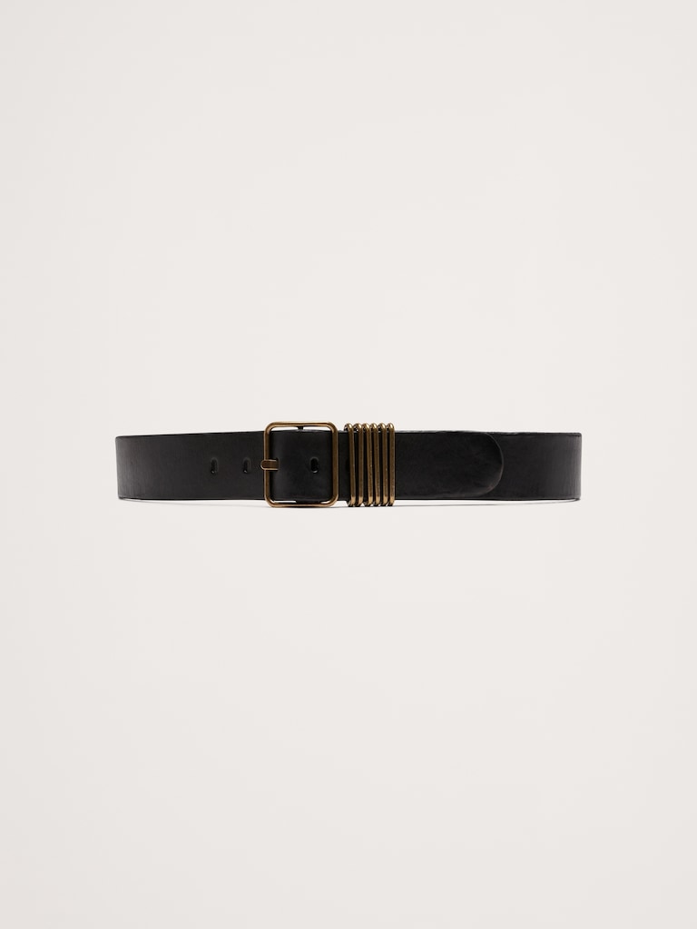 Leather Square-Buckle Waist Belt With 6 Bars