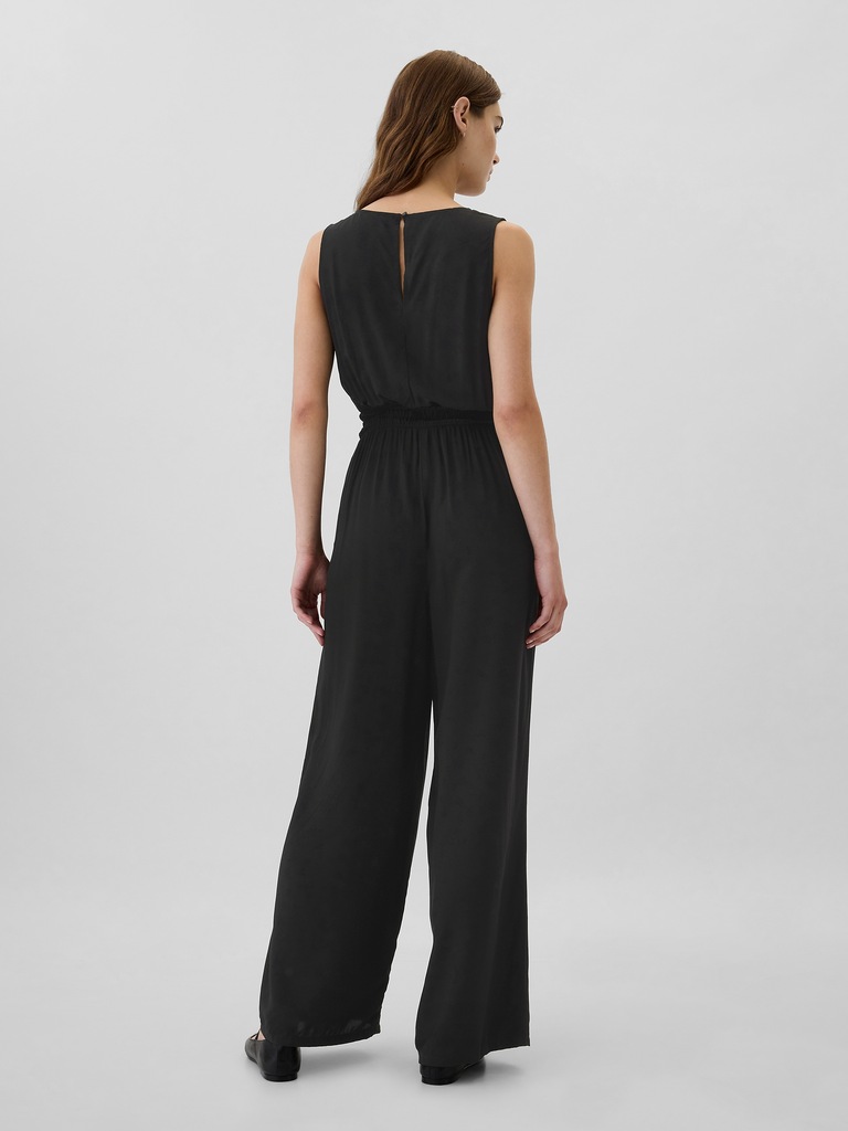 Smocked Wide-Leg V-Neck Jumpsuit