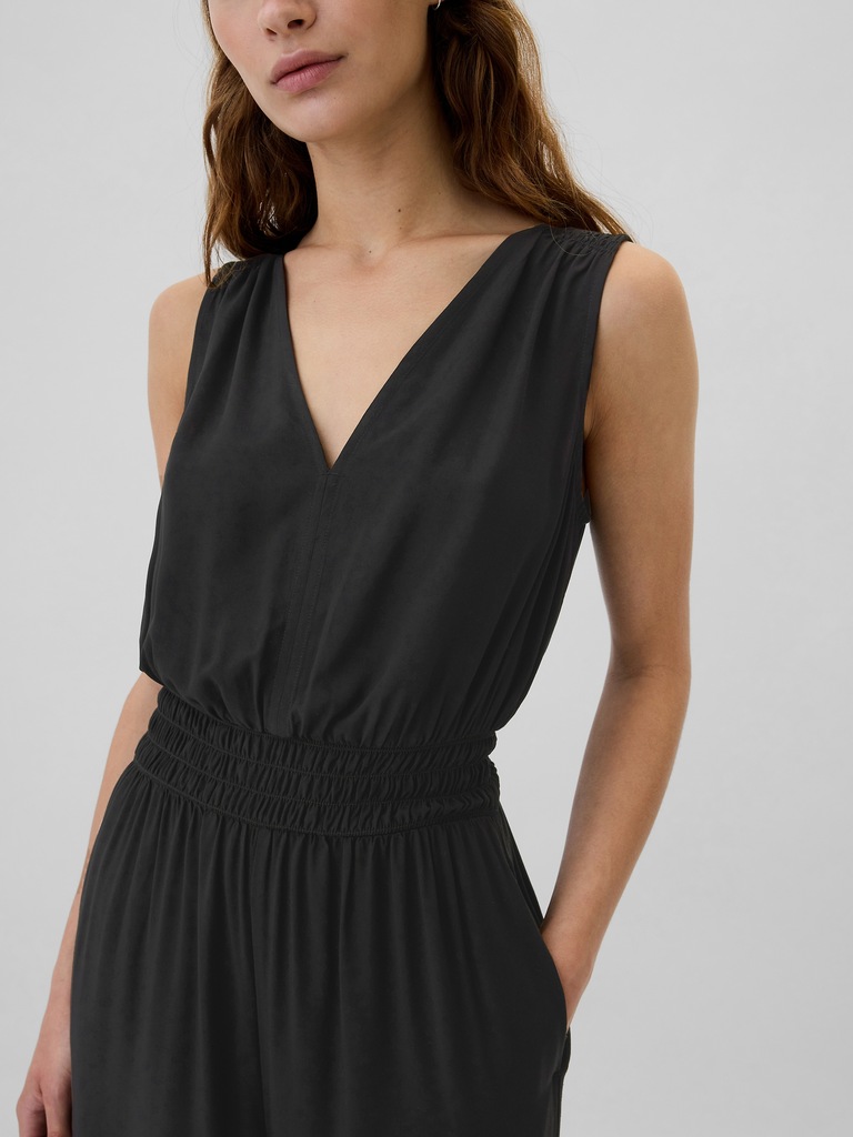 Smocked Wide-Leg V-Neck Jumpsuit