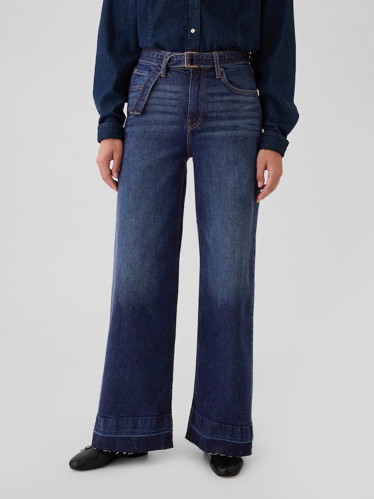 High Rise Stride Belted Wide-Leg Jeans