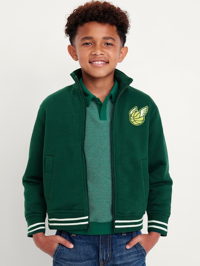 Zip-Front Embroidered Patch Bomber Jacket for Boys