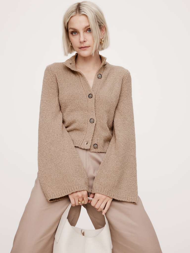 Merino-Blend Flare-Sleeve Cardigan