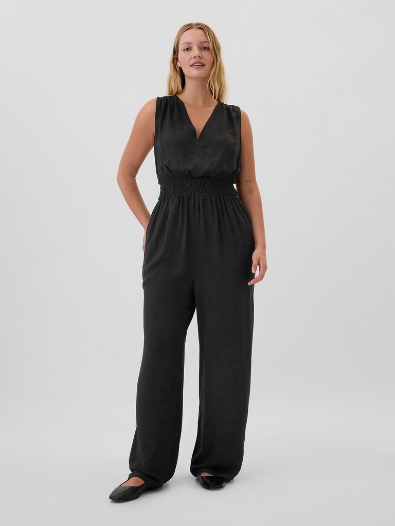 Smocked Wide-Leg V-Neck Jumpsuit