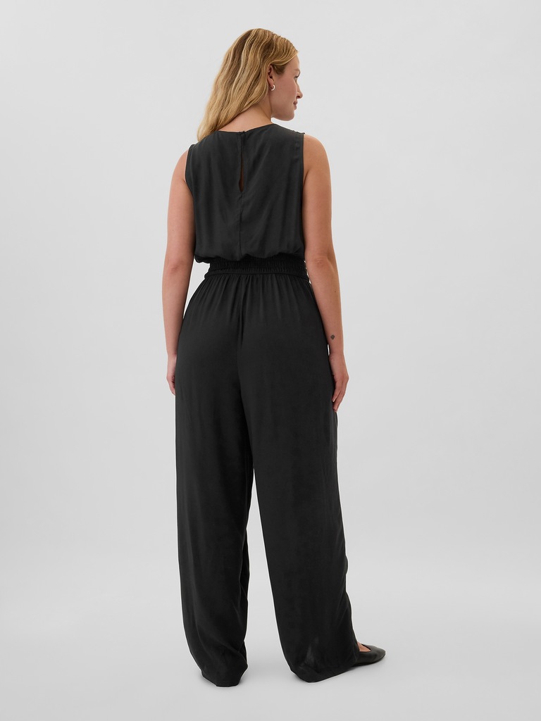 Smocked Wide-Leg V-Neck Jumpsuit