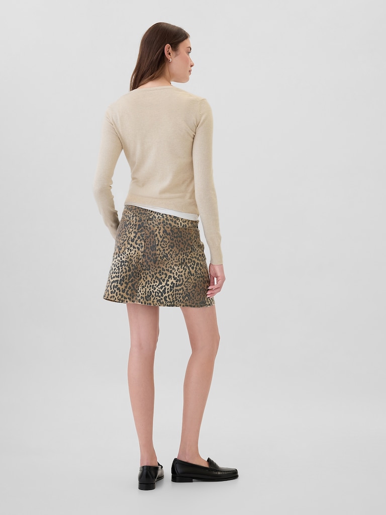 Mid Rise Denim Leopard Mini Skirt