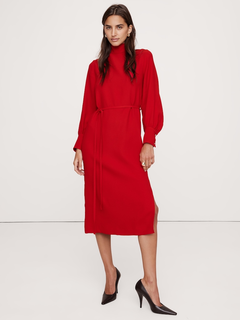 Crepe Mock-Neck Midi Dress