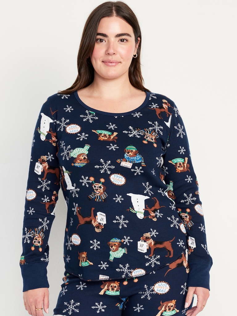 Printed Waffle Pajama Top for Women
