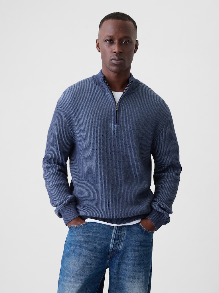 Quarter-Zip Plaited Knit Pullover Sweater