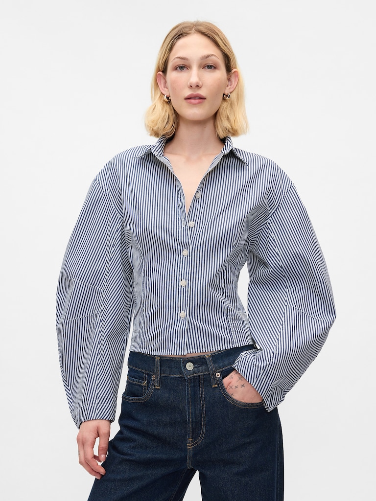 Organic Cotton Poplin Barrel-Sleeve Crop Shirt