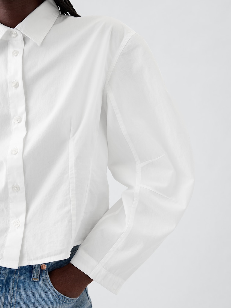 Organic Cotton Poplin Barrel-Sleeve Crop Shirt