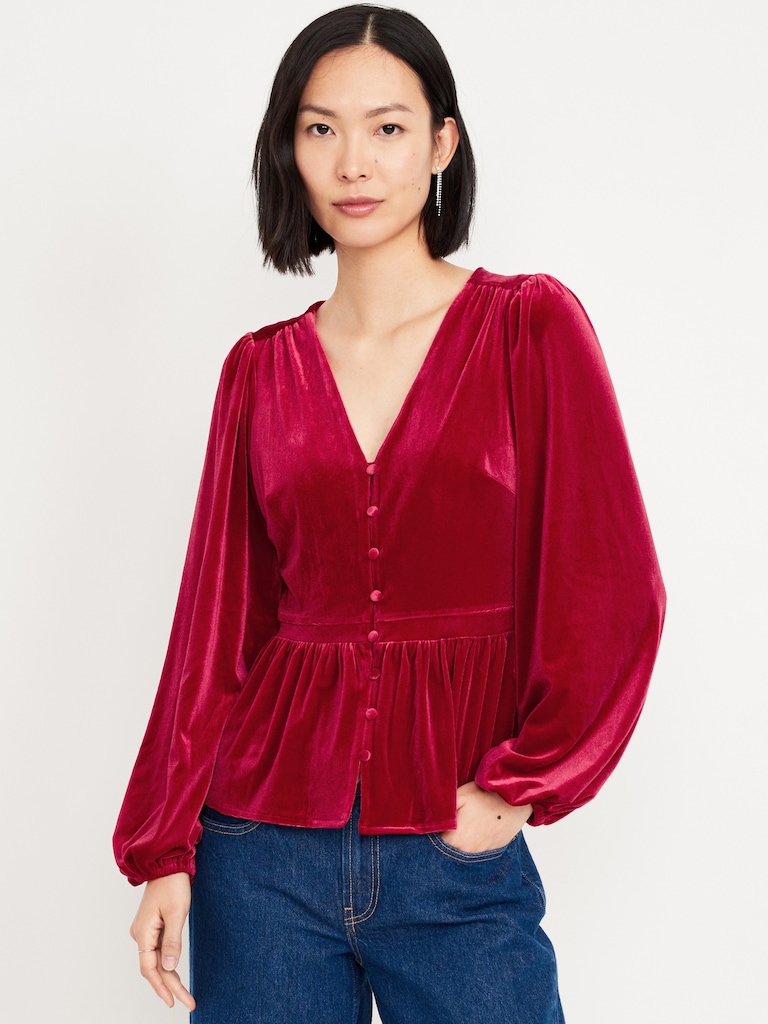Waist-Defined Velvet Peplum Top