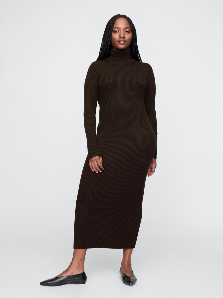 Turtleneck Rib Sweater Midi Dress