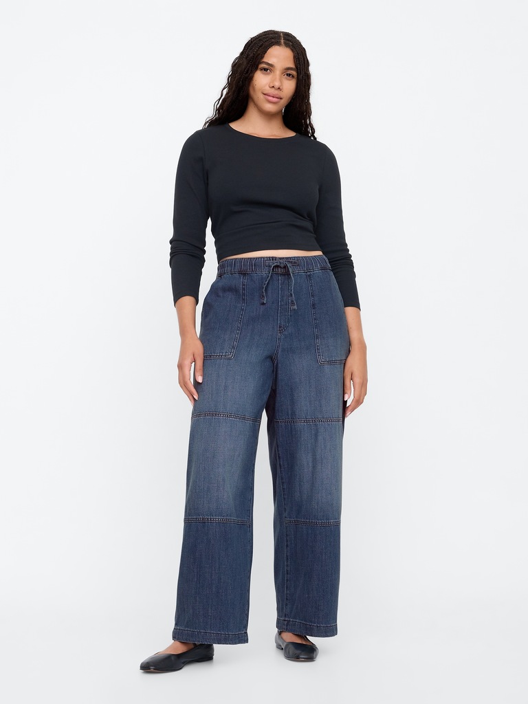 High Rise Seamed Wide-Leg Pull-On Jeans
