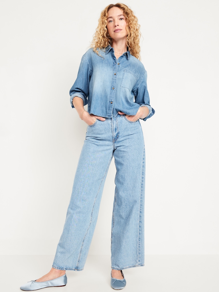 Cropped Button-Down Denim Shirt