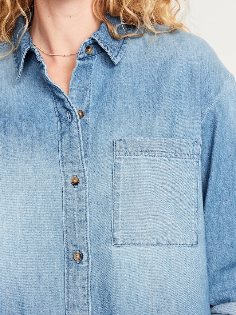 Cropped Button-Down Denim Shirt