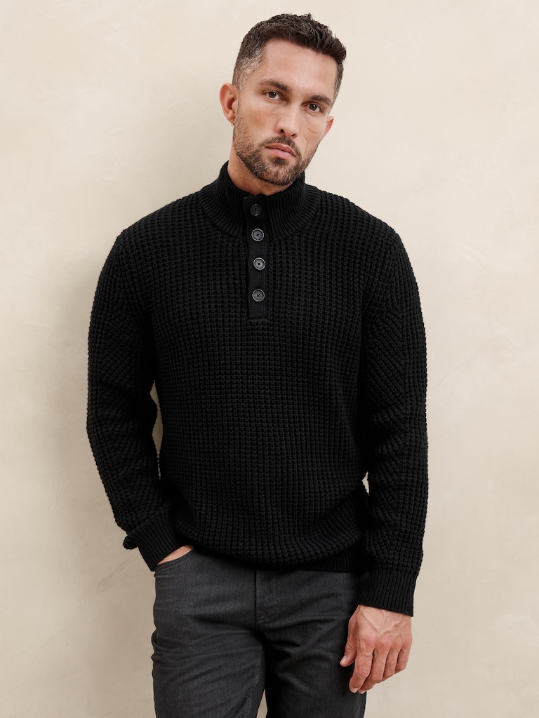Chunky Waffle Buttoned-Neck Sweater