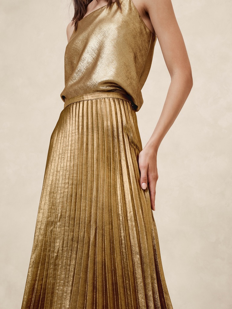 Lamé Pleated Midi Skirt