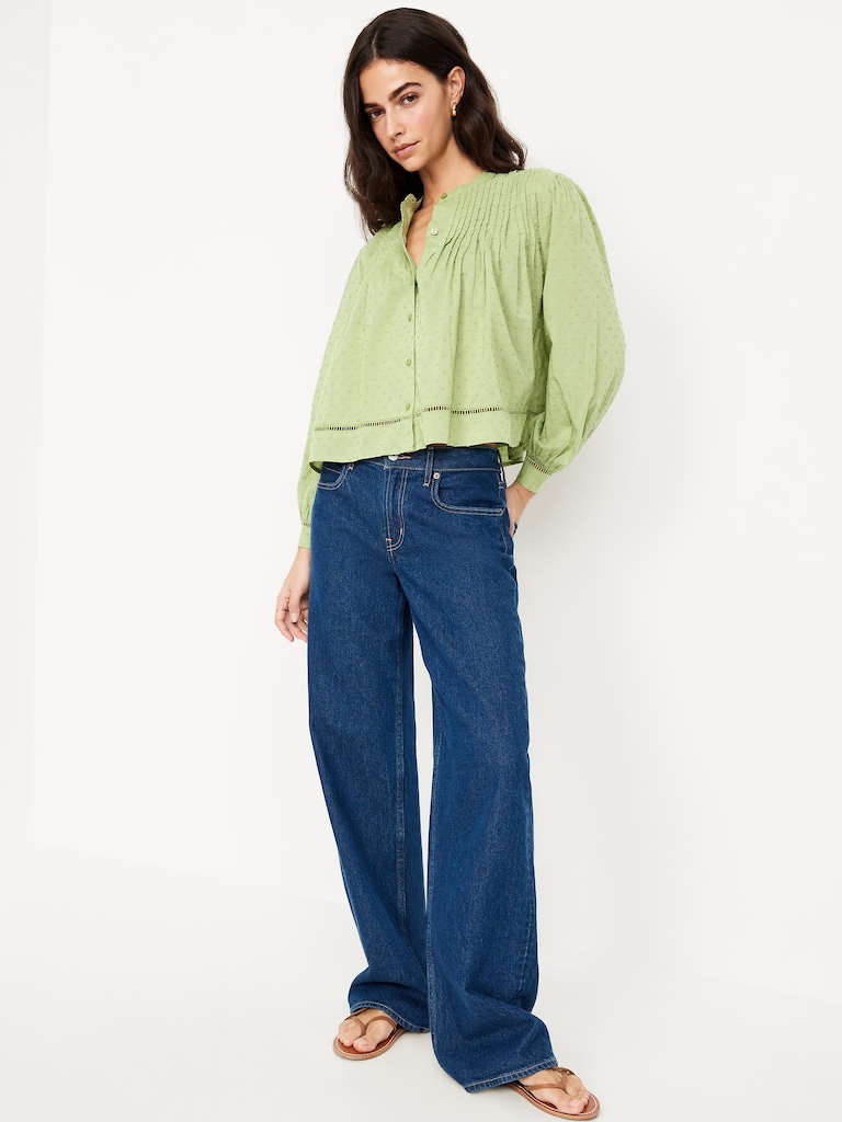 Swiss Dot Button-Down Pintuck Top