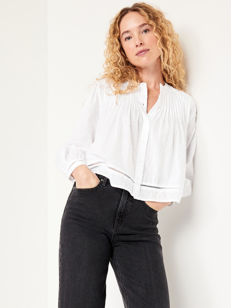 Swiss Dot Button-Down Pintuck Top