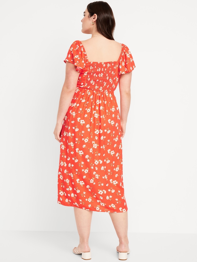 Flutter-Sleeve Crepe Midi Dress