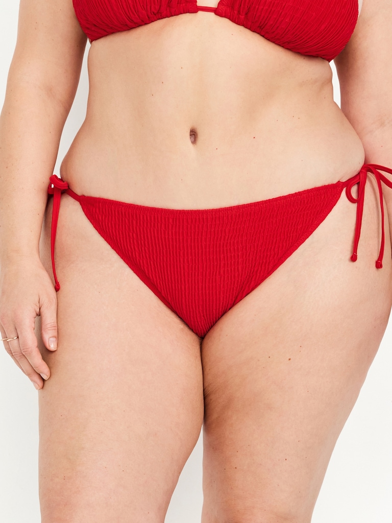 Mid-Rise Textured String Bikini Swim Bottoms
