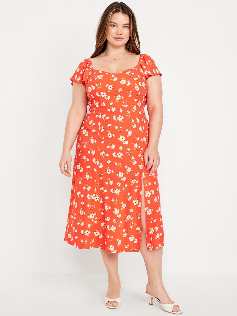 Flutter-Sleeve Crepe Midi Dress