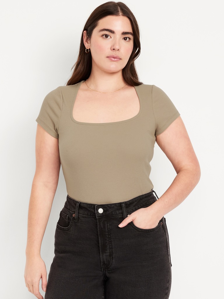 Ribbed Square-Neck T-Shirt