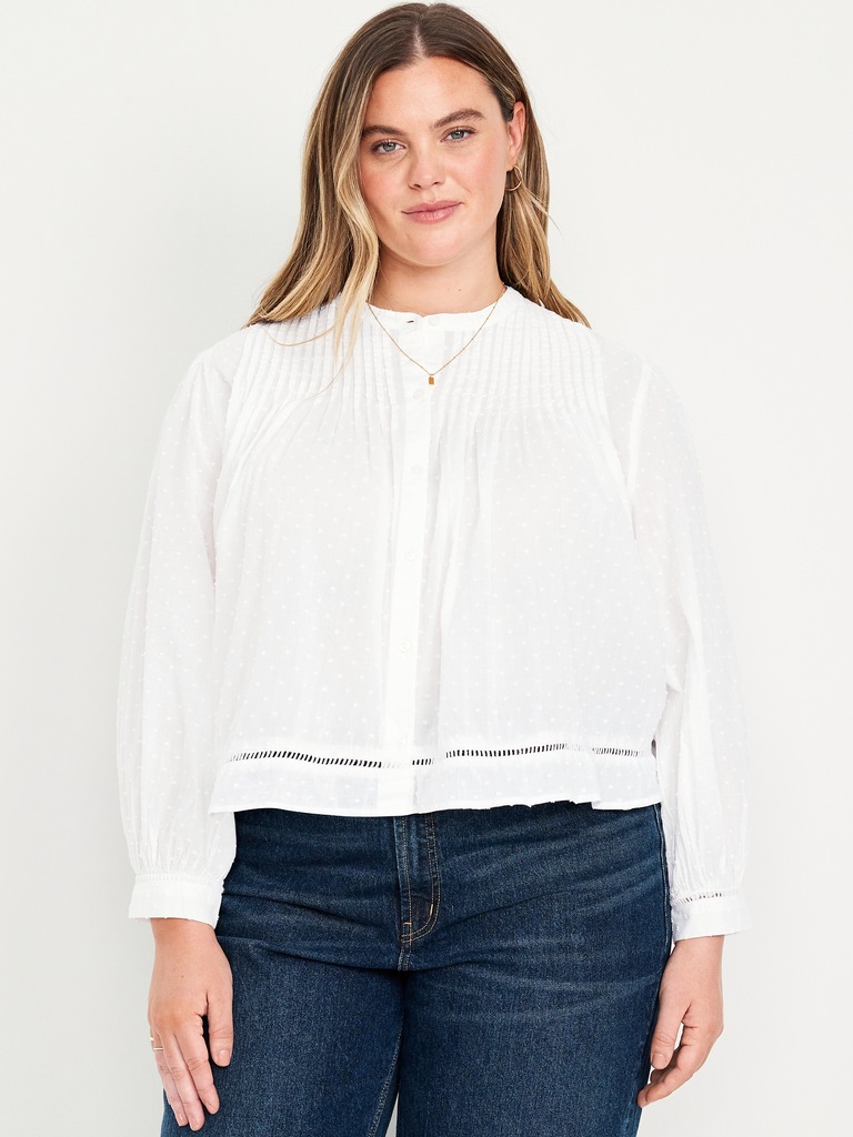 Swiss Dot Button-Down Pintuck Top