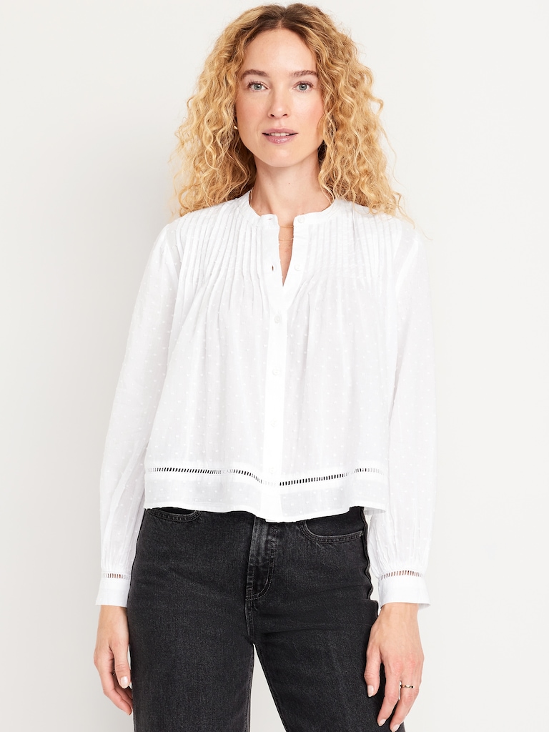 Swiss Dot Button-Down Pintuck Top