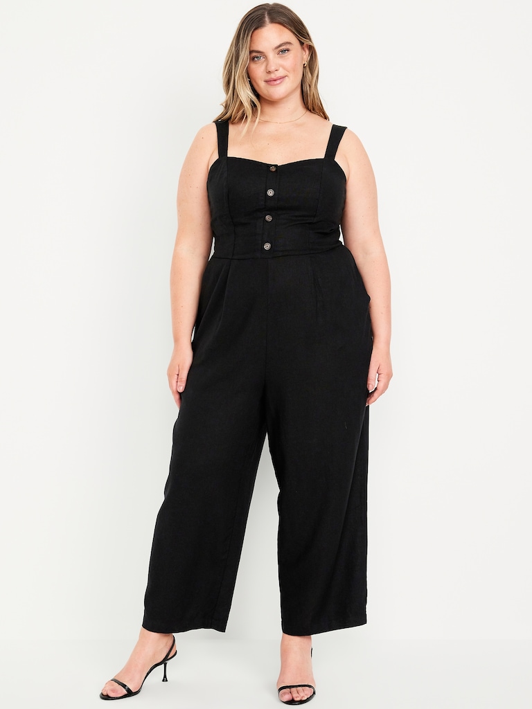Button-Front Linen-Blend Cami Jumpsuit