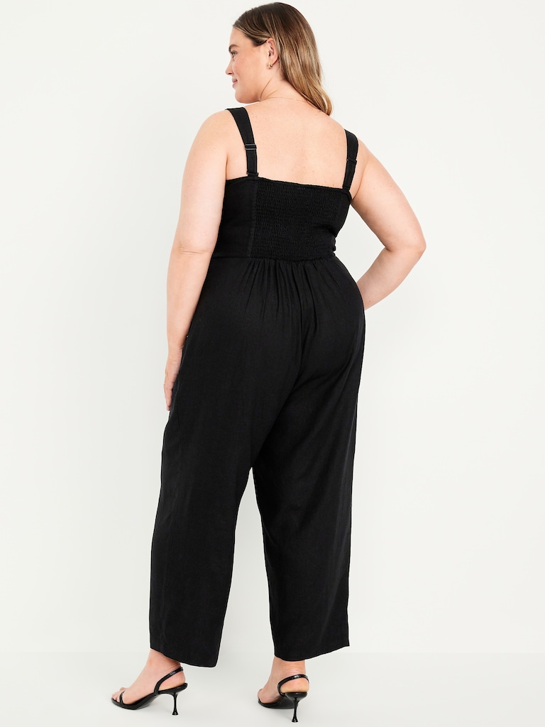 Button-Front Linen-Blend Cami Jumpsuit