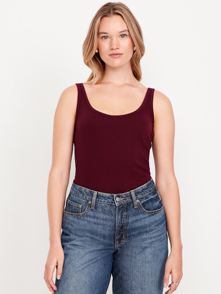 First-Layer Ribbed Scoop-Neck Tank Top