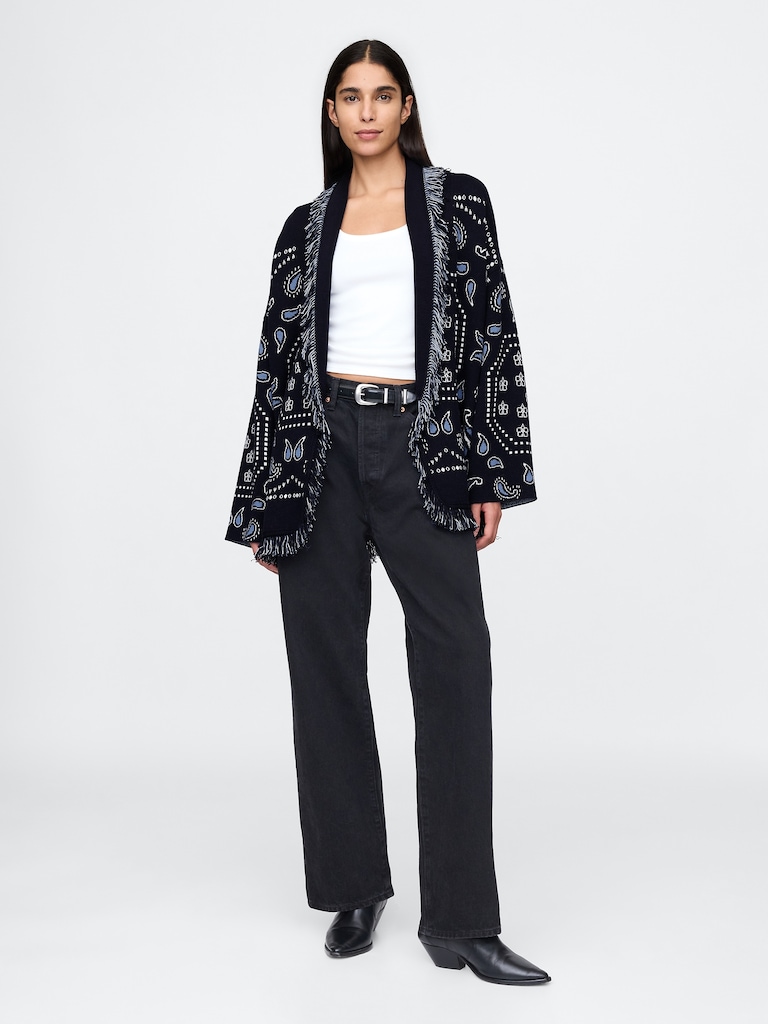 Cotton-Blend Fringe Shawl Cardigan